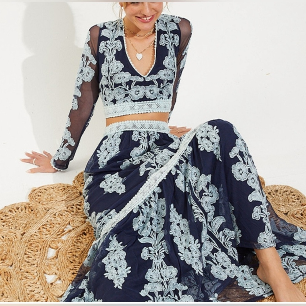 Arissa Embroidered Maxi Skirt in Navy